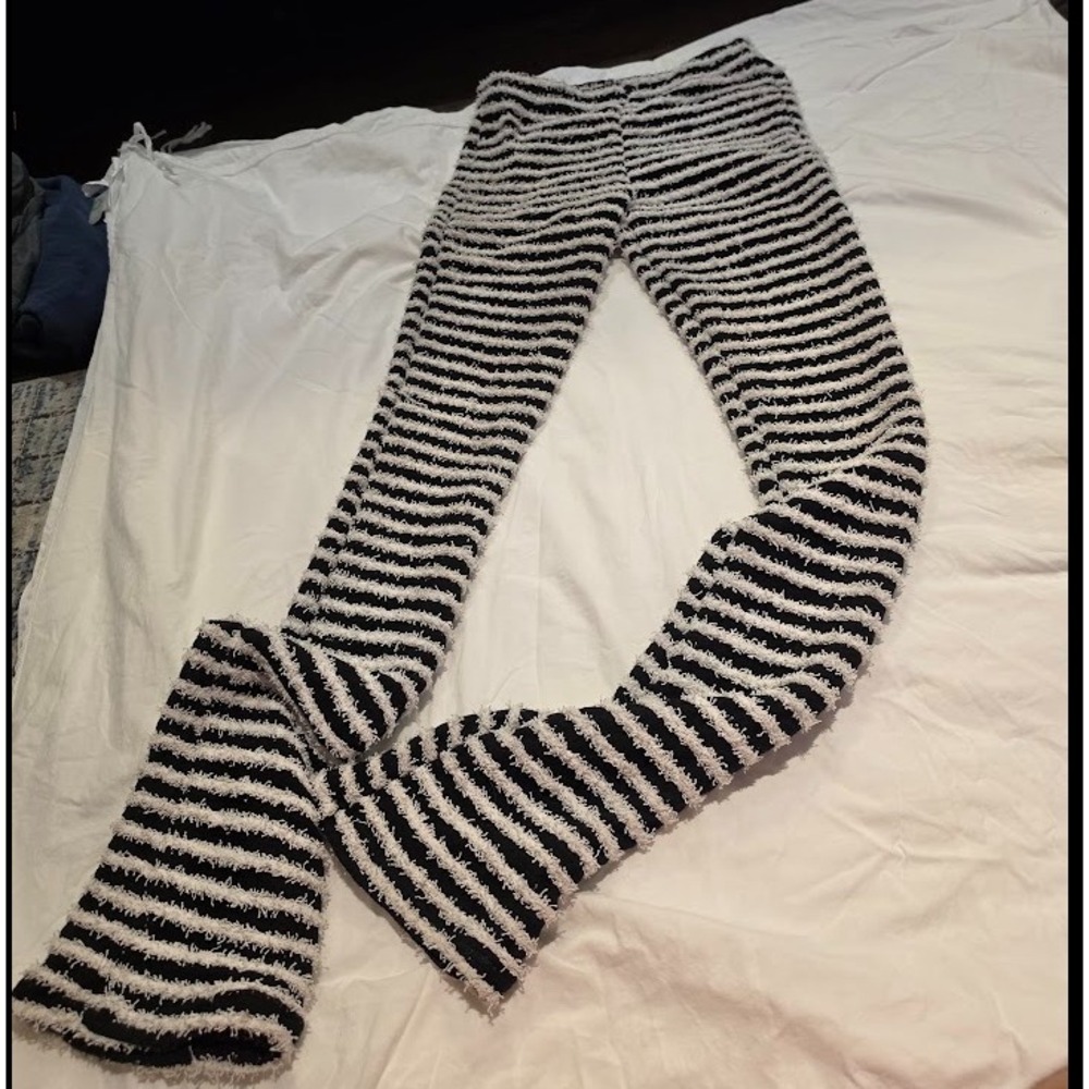 Black White Striped Fuzzy Fringe Flare Pants High Waisted Extra Long XL Large